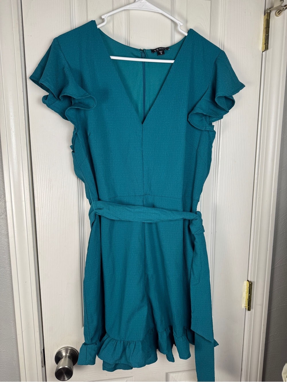 VENUS Teal Ruffle-Sleeve V-Neck  Romper Size 12 Stretch - Picture 7 of 14